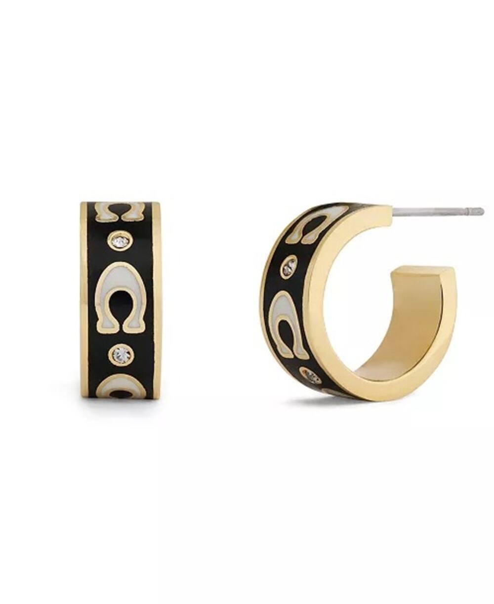 Coach Signature C Enamel Huggie Hoop Earrings Black Gold Faux Stone